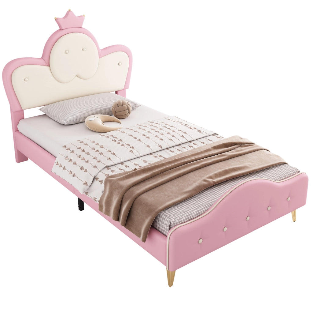 Letto singolo 90x200 cm con LED; testiera ondulata e corona; PU bianco e rosa
