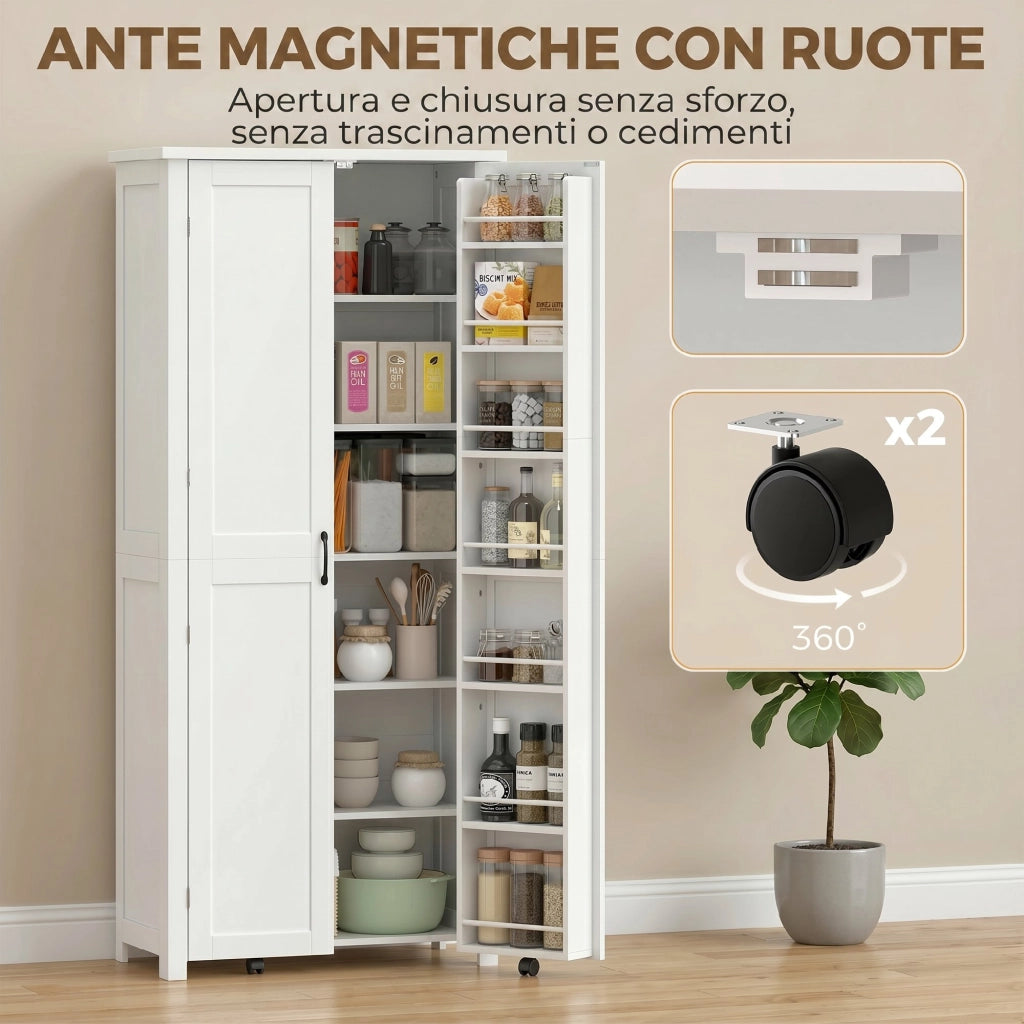 Mobile Cucina Moderno: Ruote. 2 Ante. 14 Scomparti. Colore Bianco.