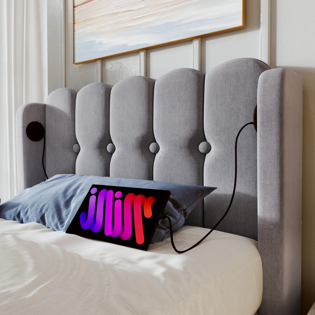 Letto Singolo Imbottito con Rete a Doghe e USB ¨C MINIMAL ¨C Grigio, Tessuto Lino, 90x200