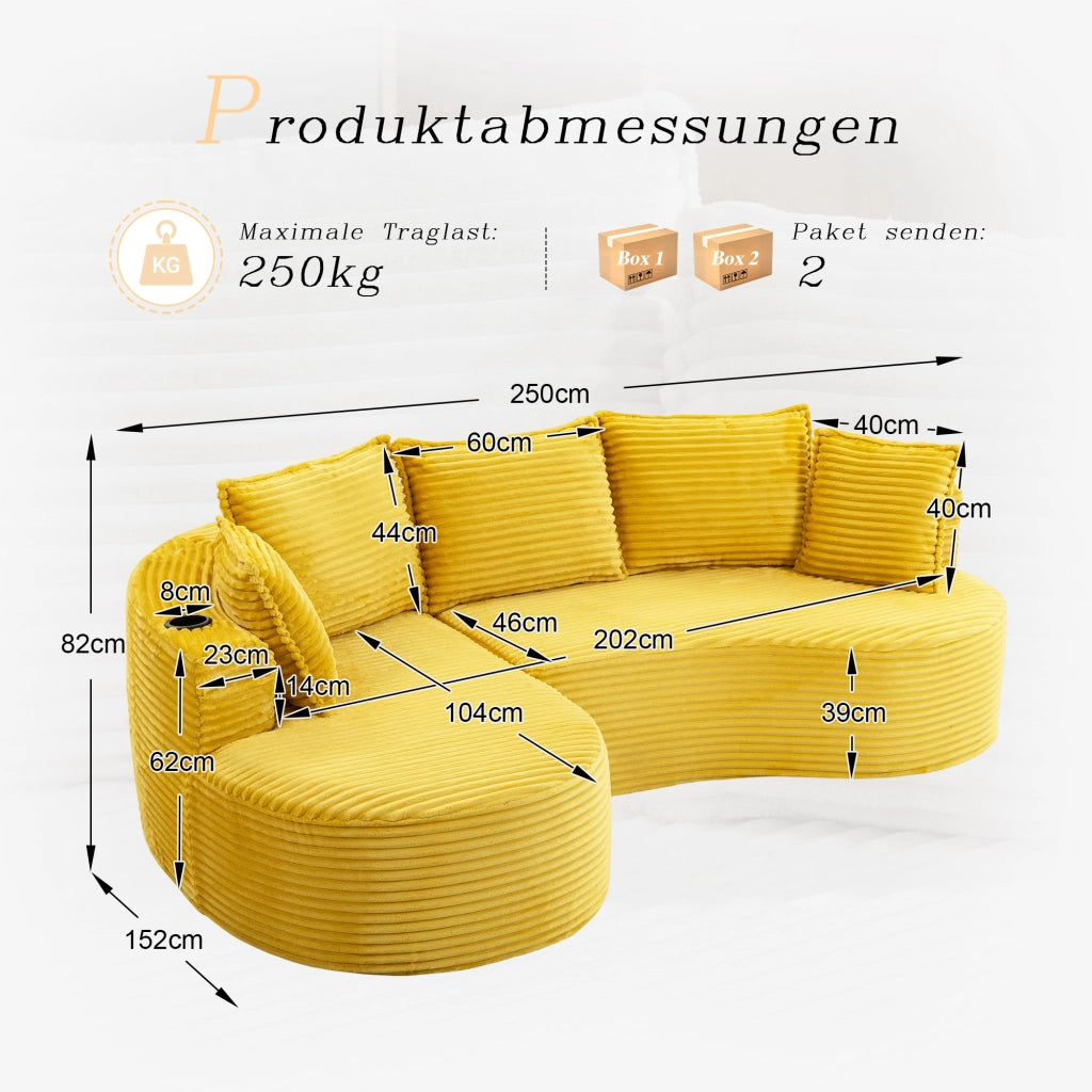 DIVANO ad arco 250x152x82 cm in velluto a coste giallo senape con portabicchieri