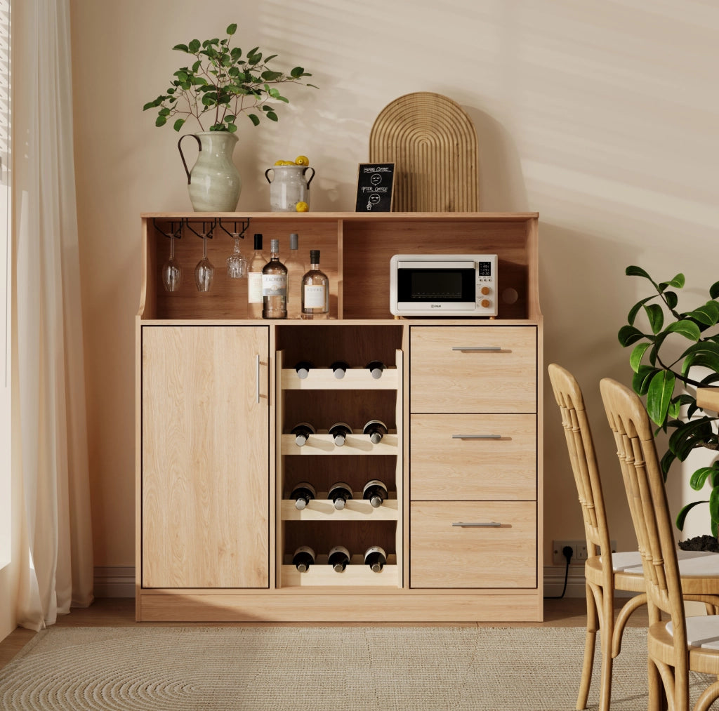 Buffet bar con LED 120x40x121 cm MDF naturale e bianco, prese, per cucina