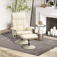 Poltrona Relax Reclinabile fino 135° con Seduta Girevole e Pouf Poggiapiedi, 78x84x110cm, Crema