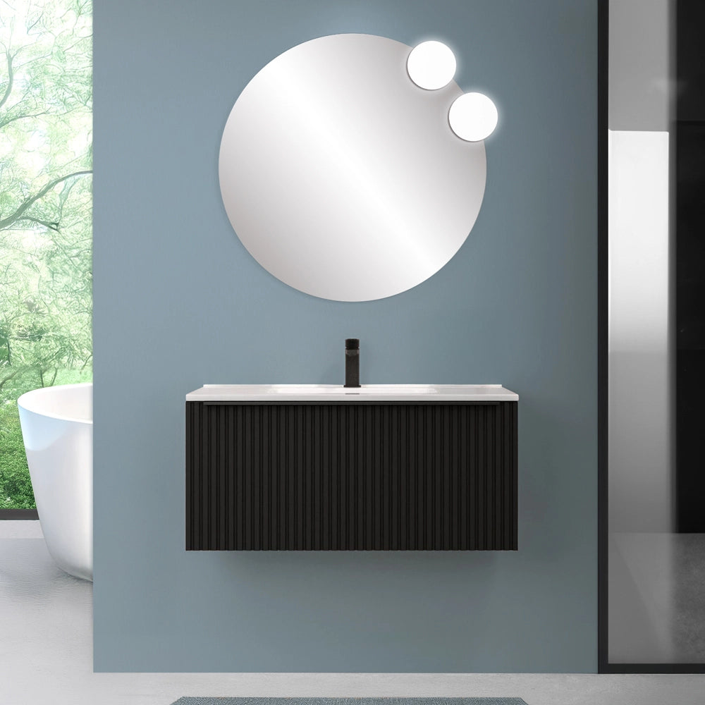 Mobile bagno sospeso 100 cm nero opaco cannettato con cassetto e lavabo Nara