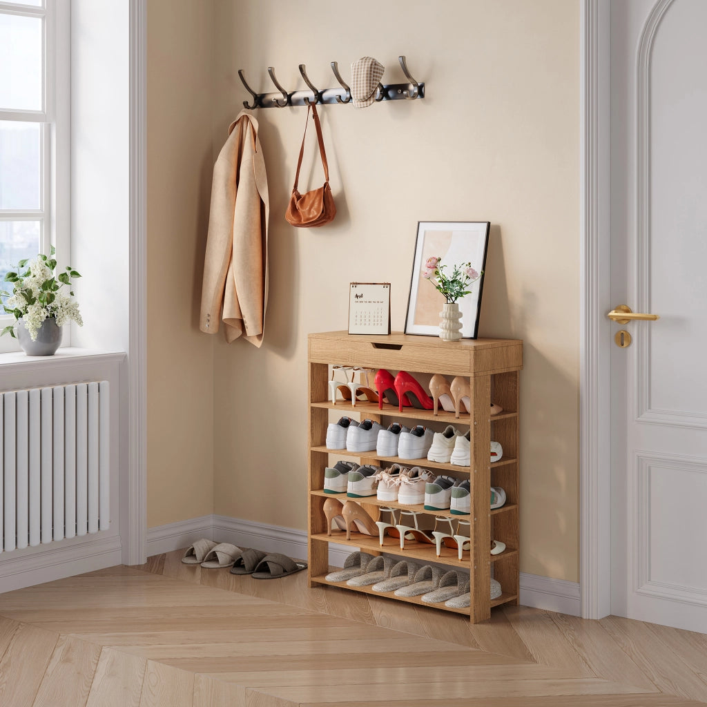 Scarpiera Boppeelo Scaffale a 5 Ripiani e Cassetto 94 x 75 x 30 cm - Effetto Rovere Sonoma [en.casa]