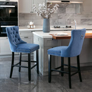 Sgabello da bar in velluto con schienale alto e altezza regolabile per sala da pranzo, gambe in legno massello blu