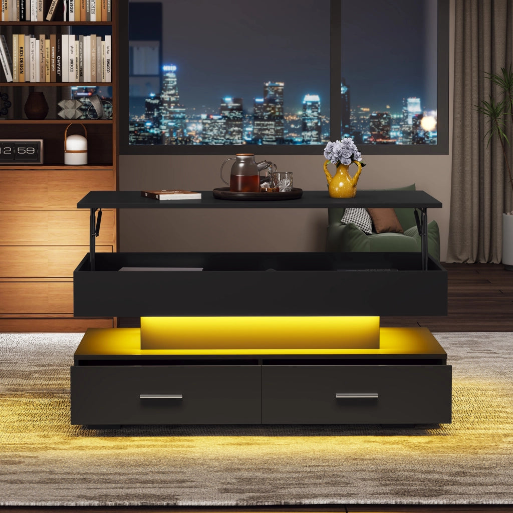Tavolino da caffè sollevabile idraulico 100x50x44 cm con LED, Bluetooth APP, 2 cassetti e vano a giorno, nero