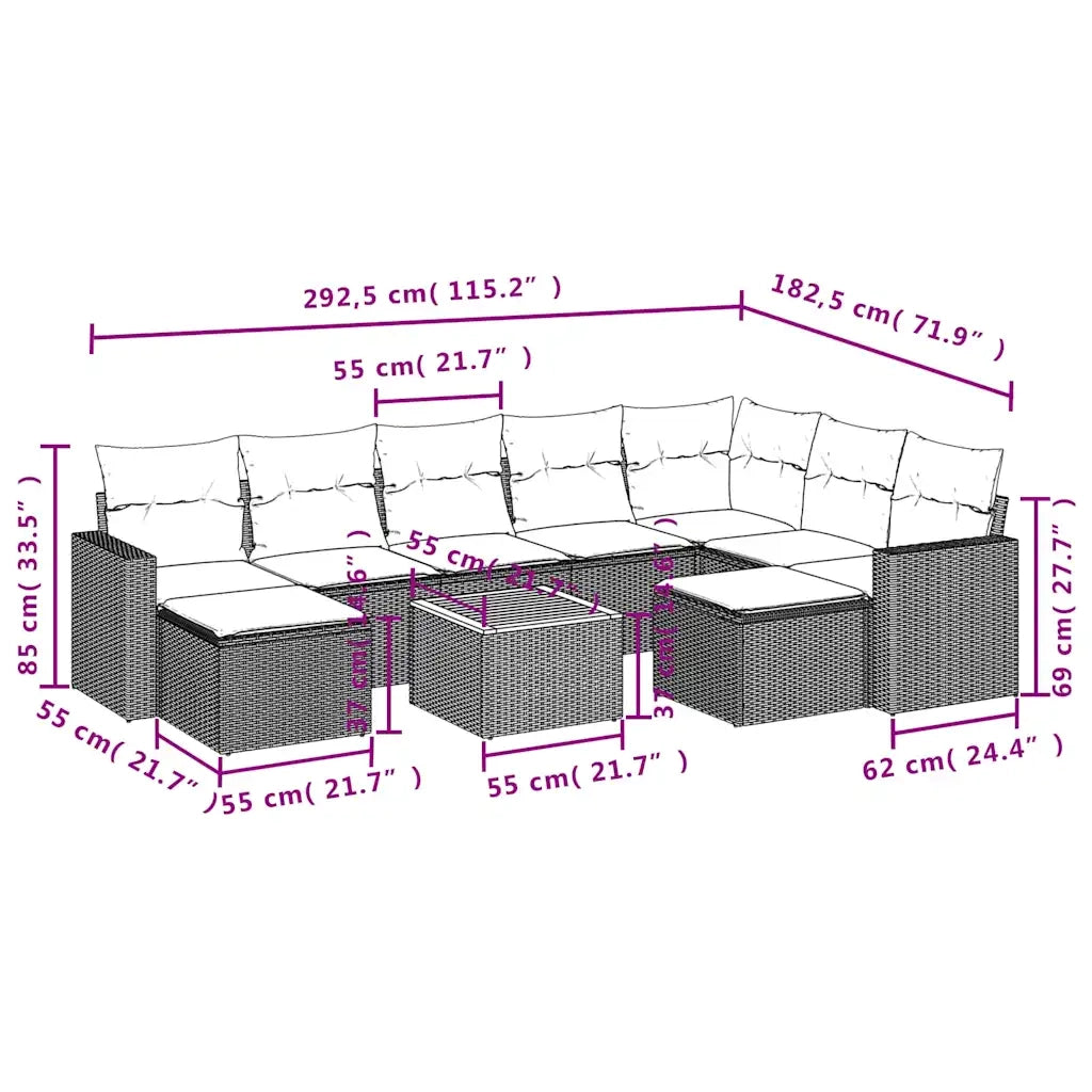 Set Divani da Giardino 10pz con Cuscini in Polyrattan Nero 3224403