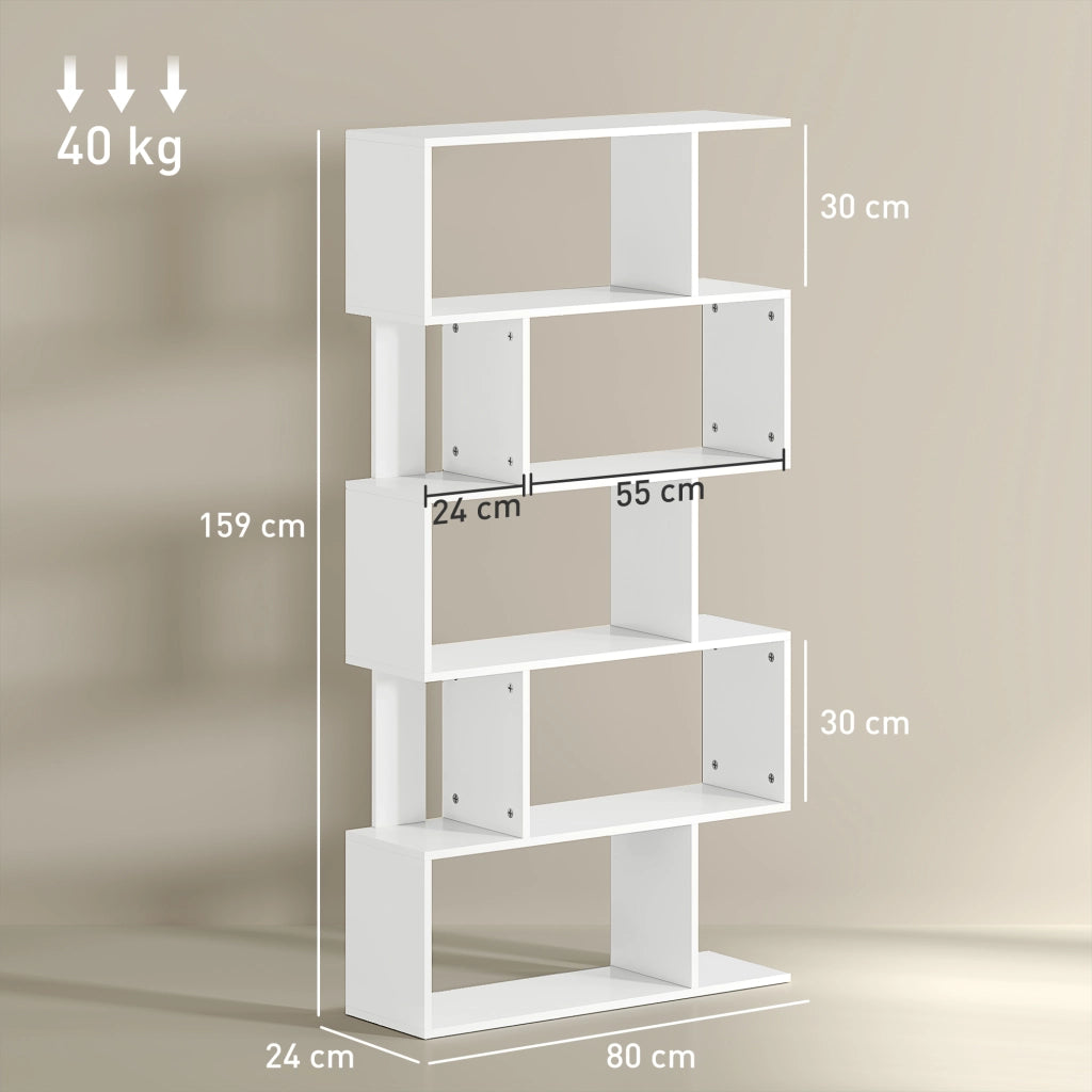 Libreria Asimmetrica a S a 5 Livelli 80x24x159 cm in Legno Bianco