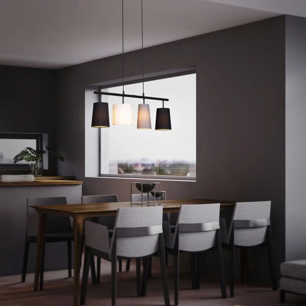 Lampadario Contemporaneo Textile Metallo Nero Paralume Tessuto 4 Luci E27