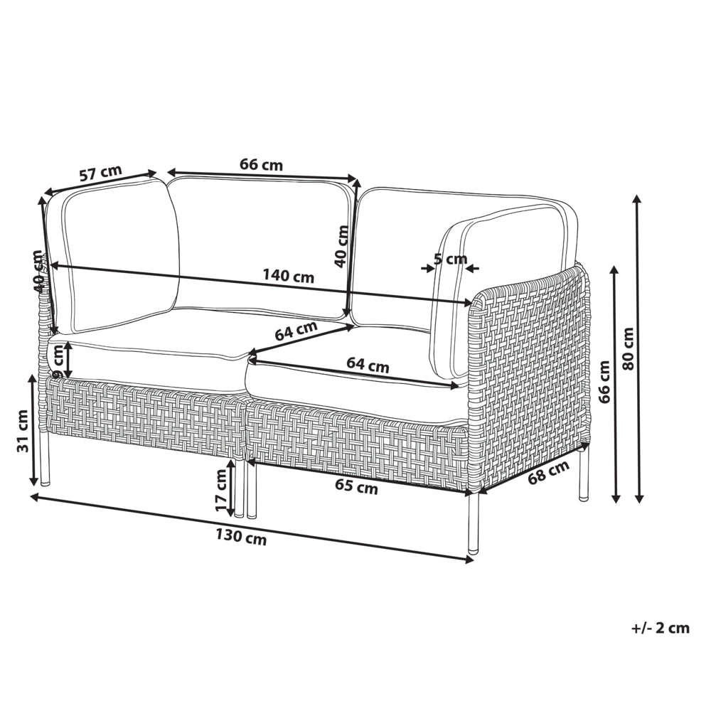 Divano da esterno con tavolino in rattan PE beige chiaro a 2 posti con struttura in metallo cuscini per seduta e schienale piano in vetro stile moderno