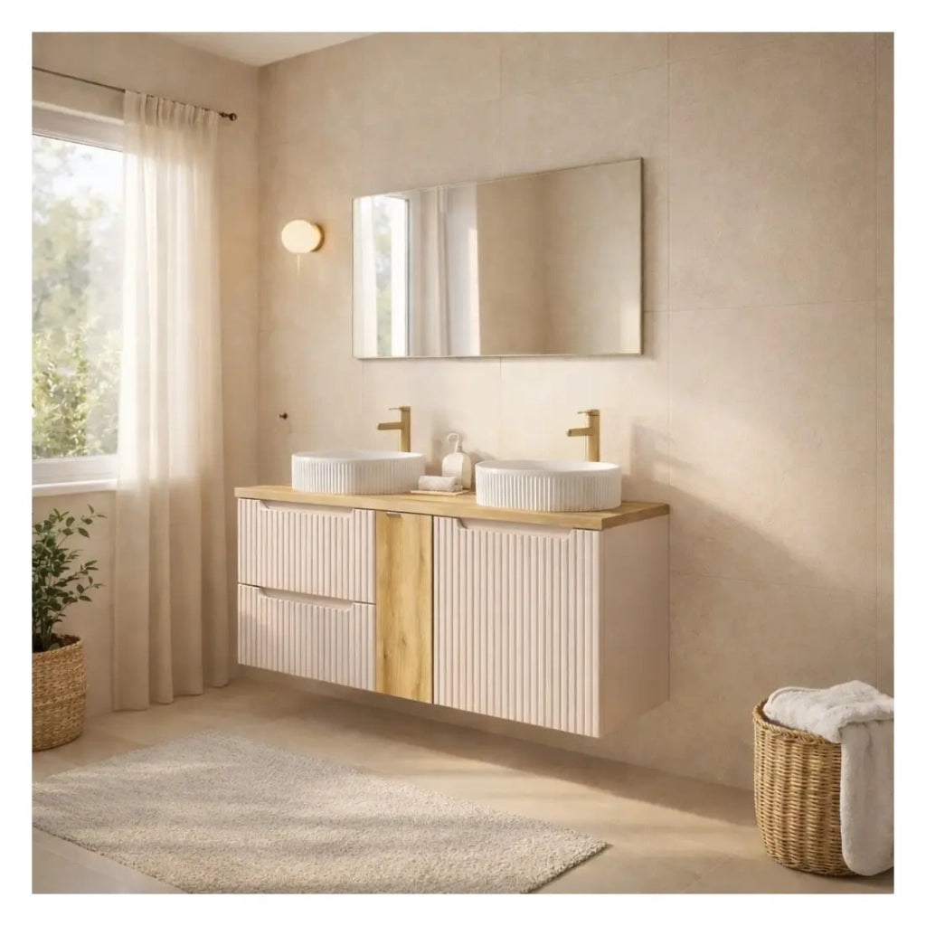 Insieme VANO cachemire e quercia 140cm: mobili sotto lavabo con cassetti e armadietti + lavabi da appoggio bianchi scanalati
