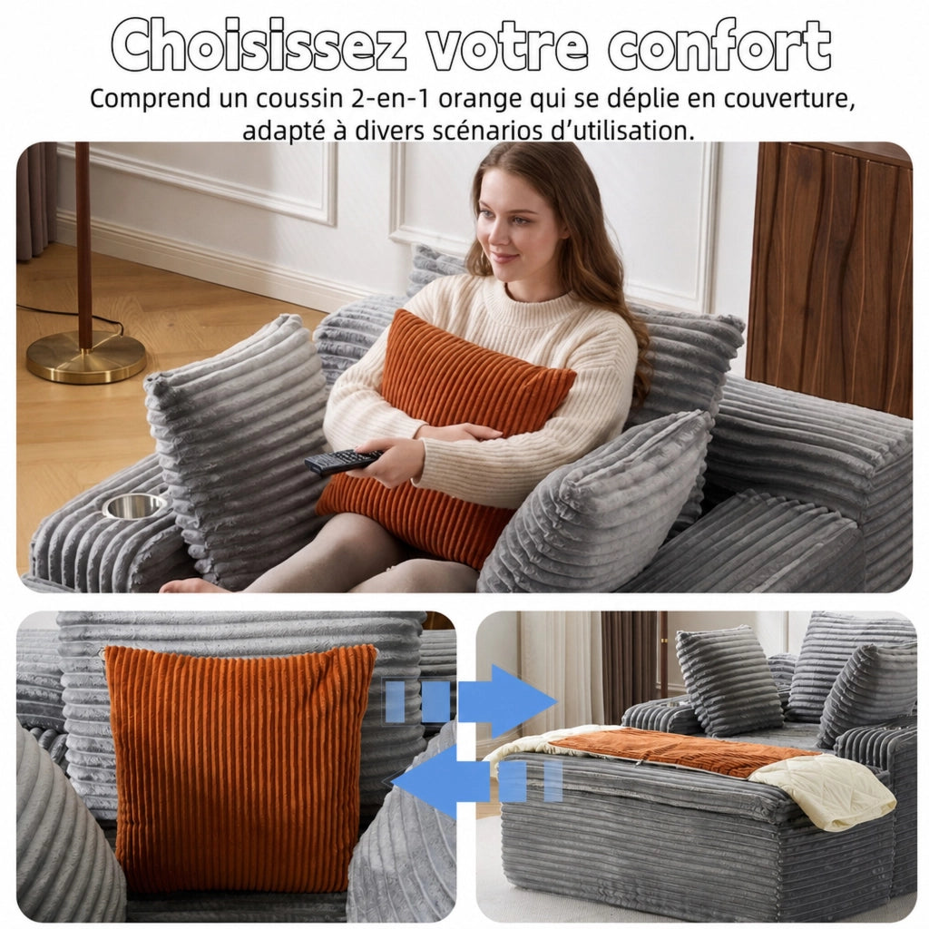 Divano da pavimento pieghevole con chaise longue in velluto a coste grigio