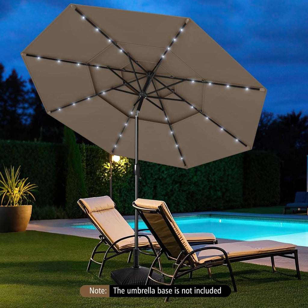 Ombrellone da Giardino con 32 Luci LED, Pannelli Solari e Manovella, Ombrellone Parasole da Patio 313cm Inclinabile con 8 Osse, per Balcone, Spiaggia, Piscina, Base Non Inclusa