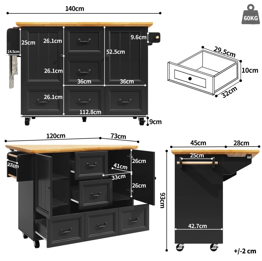 Isola cucina mobile pieghevole in MDF nero 120x73x93 cm