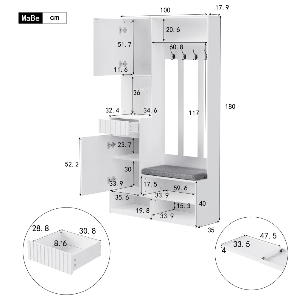 Mobile ingresso multifunzione con panca; 4 ganci; cassetti e pannello forato; bianco 100x35x180 cm