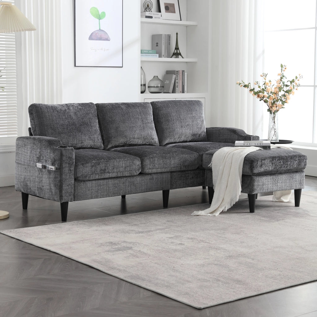 OKWISH Divano Modulare 4 Posti con Pouf Contenitore Portabicchieri e Tasche Laterali in Ciniglia Grigio