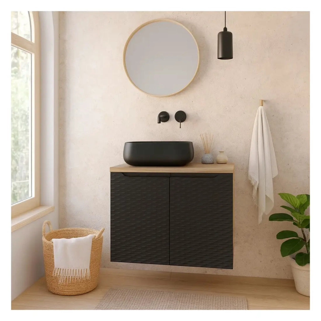 Set da bagno YOKA nero: mobile sotto lavabo con armadietto 60cm + piano per lavabo + lavabo da appoggio nero
