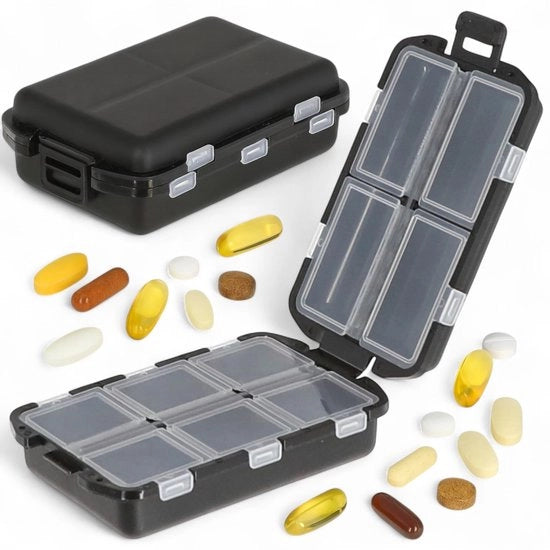 Scatola di pillole compatta 10 cassette - Doseggia medicamenti - Robusta - Impermeabile - Libera da BPA - 10 x 7 x 3 cm - Scatola di medicamenti