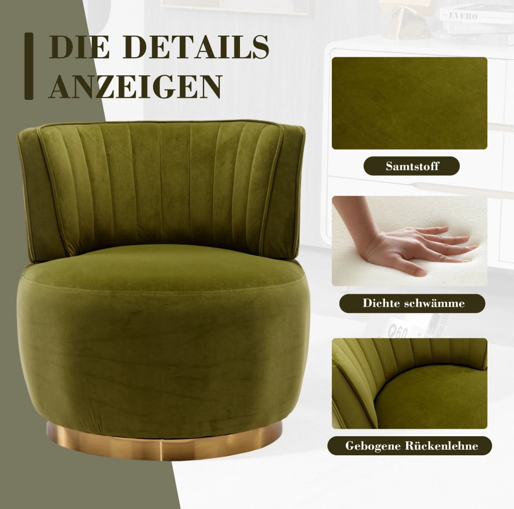Sedia girevole 360° in velluto verde oliva con schienale ergonomico e cuscino imbottito
