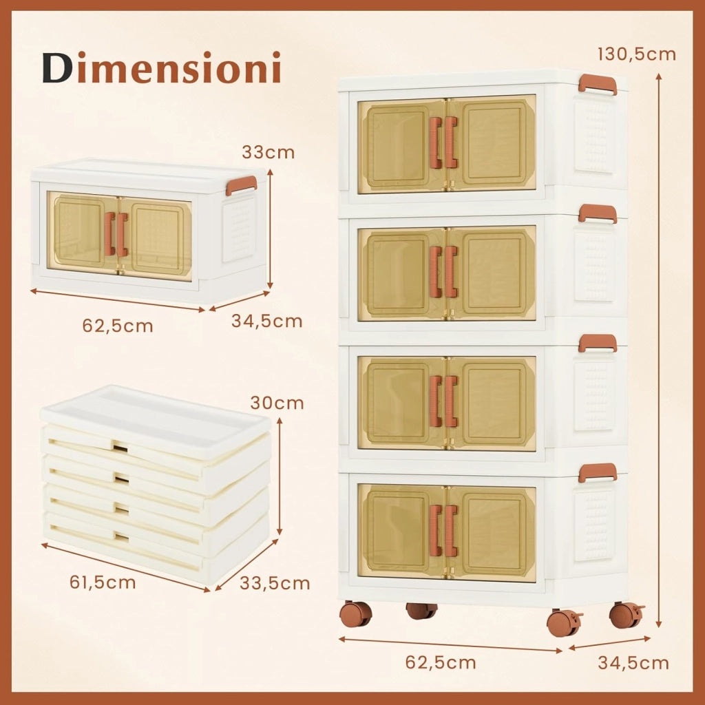 Contenitori Pieghevoli con Coperchio, Set da 4/3 Scatole di Plastica Impilabili con Ruote, per Organizzatore di Armadio con Porte a Apertura Frontale, Multiuso (62,5 x 34,5 x 130,5 cm)