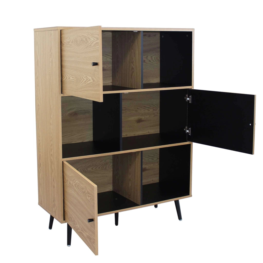 MOBILE ELWOOD NERO E NATURALE CON 3 ANTE E 3 PIANI 100 X 39,5 X H135 CM