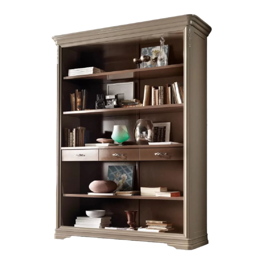 Libreria a giorno in legno 3 cassetti laccato tortora l.161 p.48 h.215 - Mobili 2G