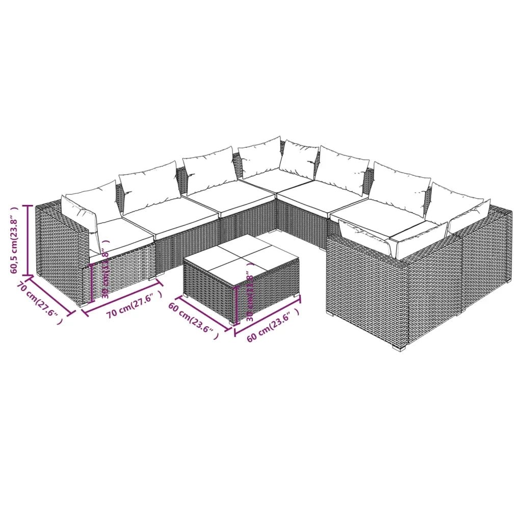 Set Divani da Giardino 9 pz con Cuscini in Polyrattan Grigio cod mxl 40491
