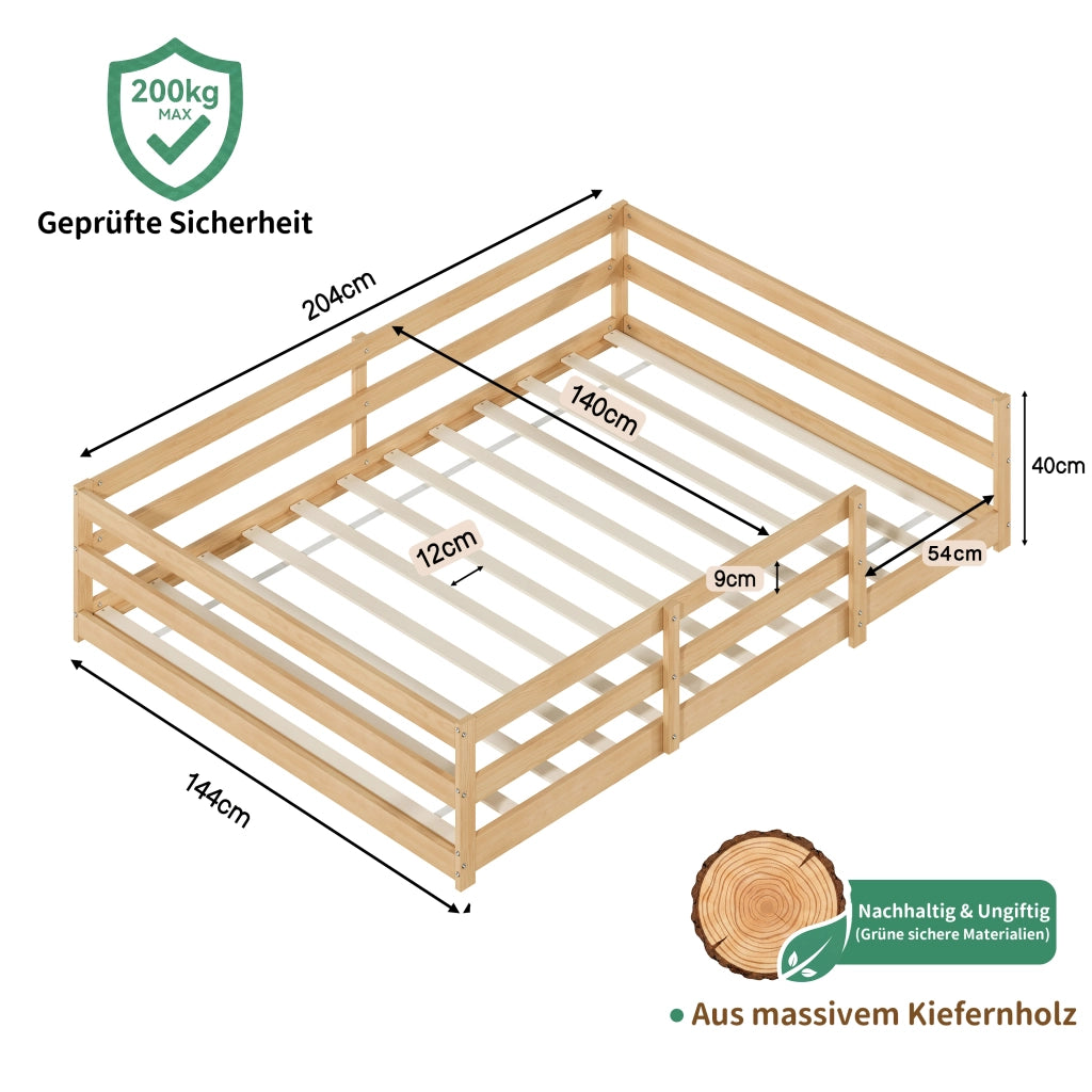 Letto per bambini 140 × 200 cm con barriera a 4 lati, rete inclusa, senza materasso, in legno massiccio, naturale