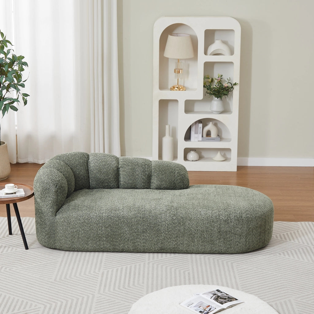 Méridienne curva con schienale ondulato e design senza braccioli per soggiorno e lettura in chenille verde salvia