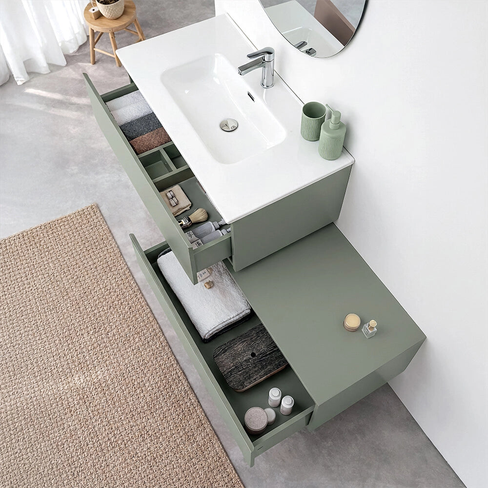 Mobile bagno sospeso 90 cm verde con lavabo integrato e cassetto Nuvola