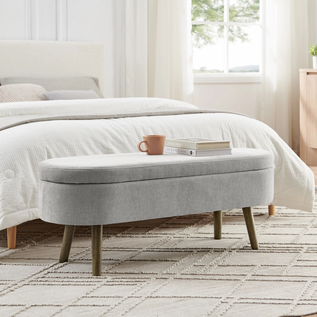 Panca contenitore in tessuto chenille con coperchio ammortizzato e struttura in legno grigio 110 × 40 × 42 cm