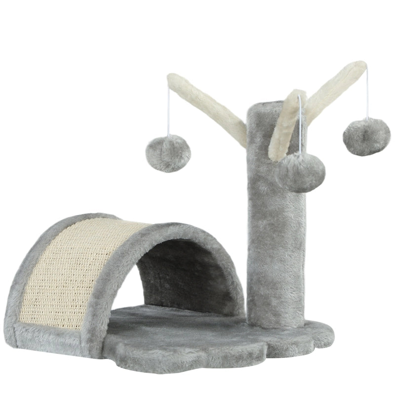 Tiragraffi per gatti con cuccia, piattaforma a zampa e 2 palline, 40 cm, grigio chiaro