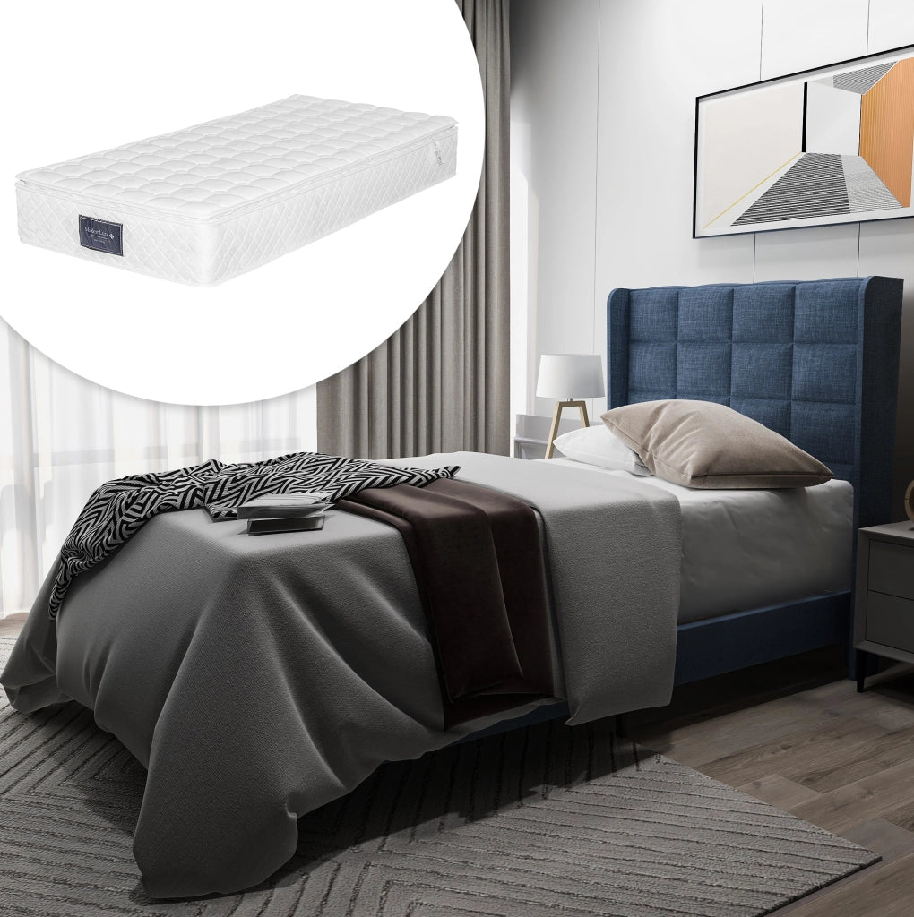 Letto imbottito singolo blu 90x200 cm con rete a doghe e materasso a molle insacchettate H3