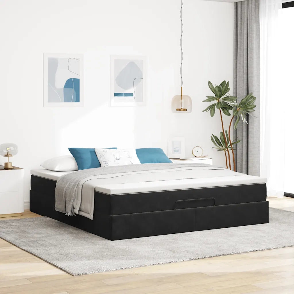 Struttura Letto Pouf con Materasso Nero 160x200 cm in Velluto 3311197