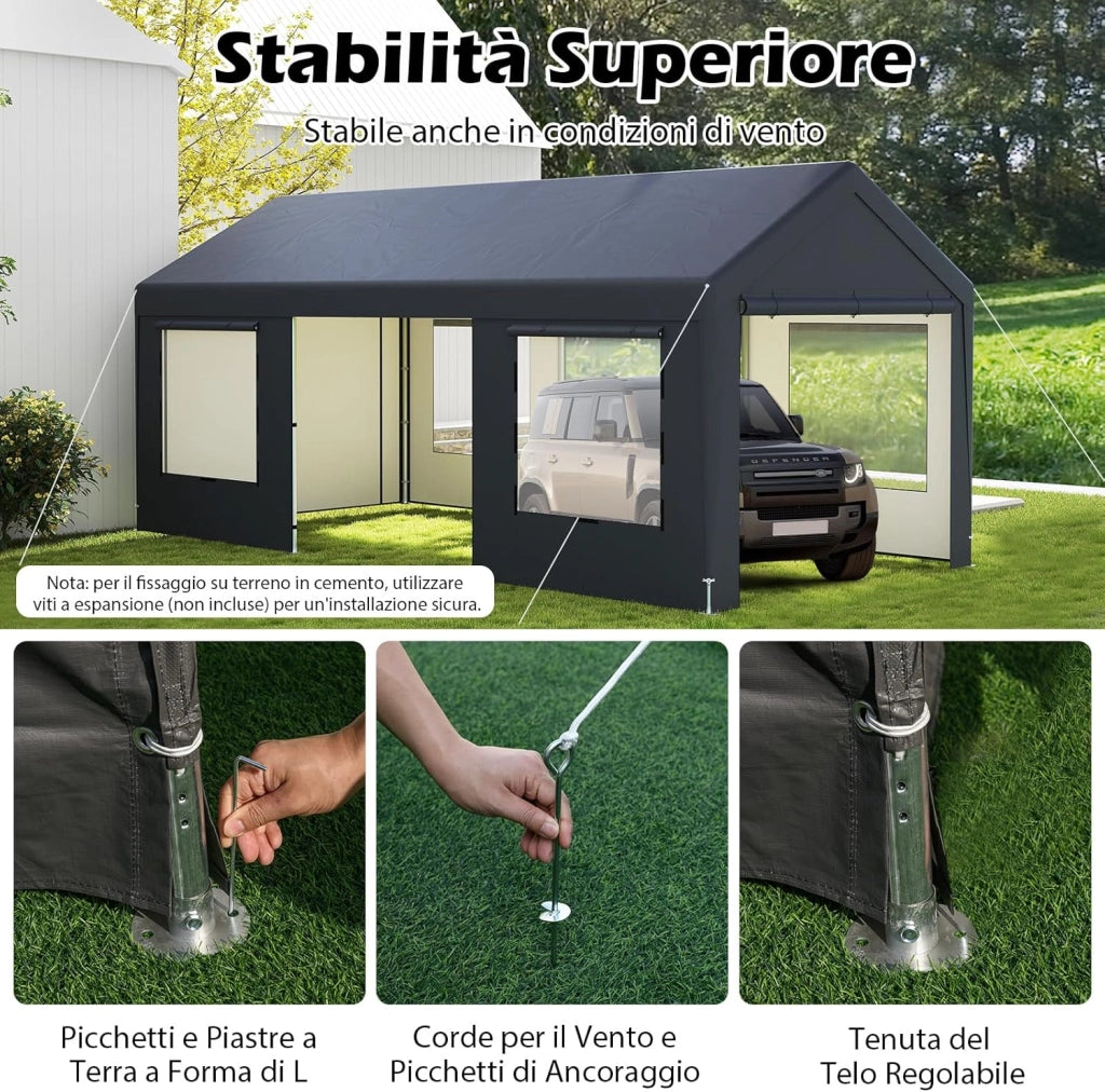 Tenda Garage per Auto Impermeabile, Cappanone Posto Auto con 4 Porte e 4 Finestre a Rete Arrotolabile, Tendone Multiuso a Pareti Laterali Rimovibile per Feste ed Eventi, 595 x 300 x 280 cm