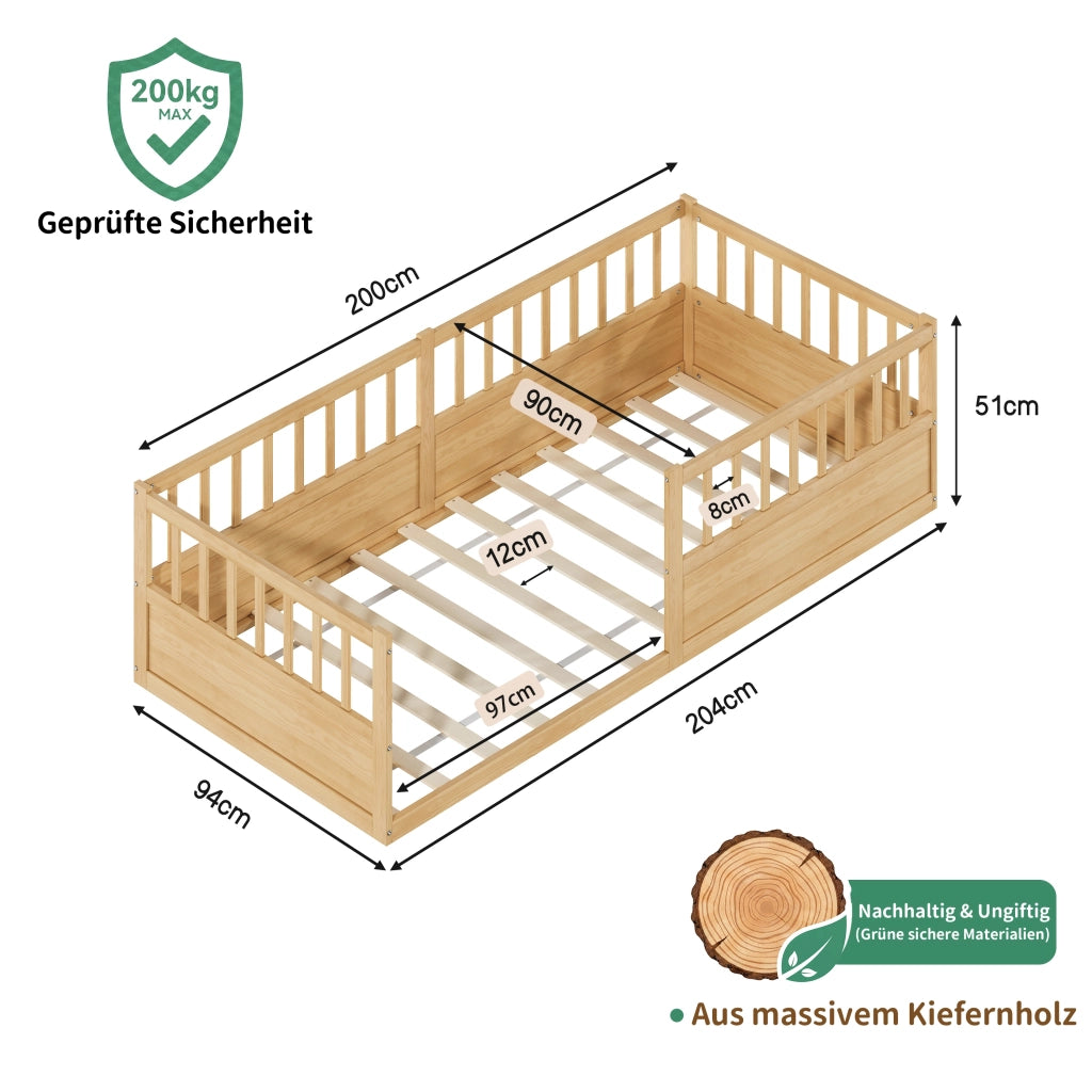 Letto per bambini, 90 x 200 cm, struttura in legno massello, sponde di sicurezza, colore naturale