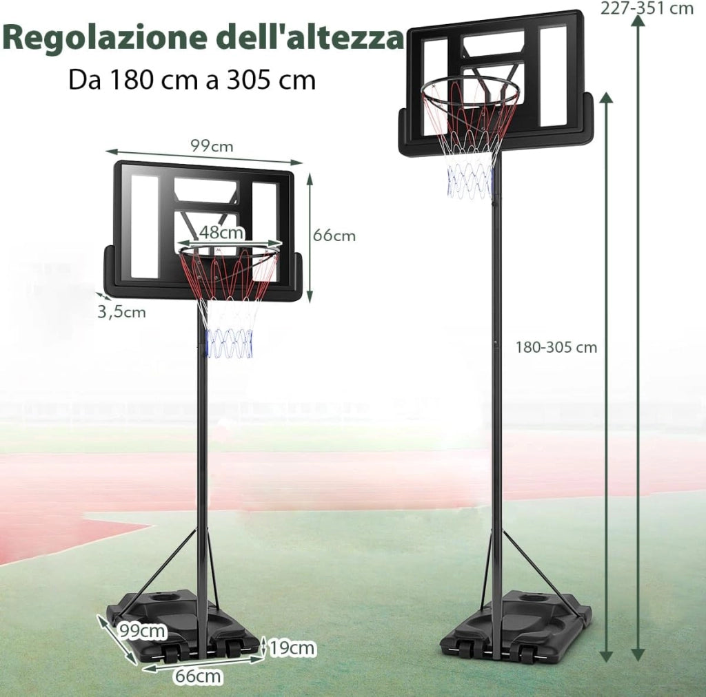 Canestro da Basket Portatile e Regolabile 180-305 cm, Canestro da Basket da Esterno ed Interno con Tabellone Resistente, Rete di Nylon e Base Riempibile, Ideale per Adolescenti e Adulti