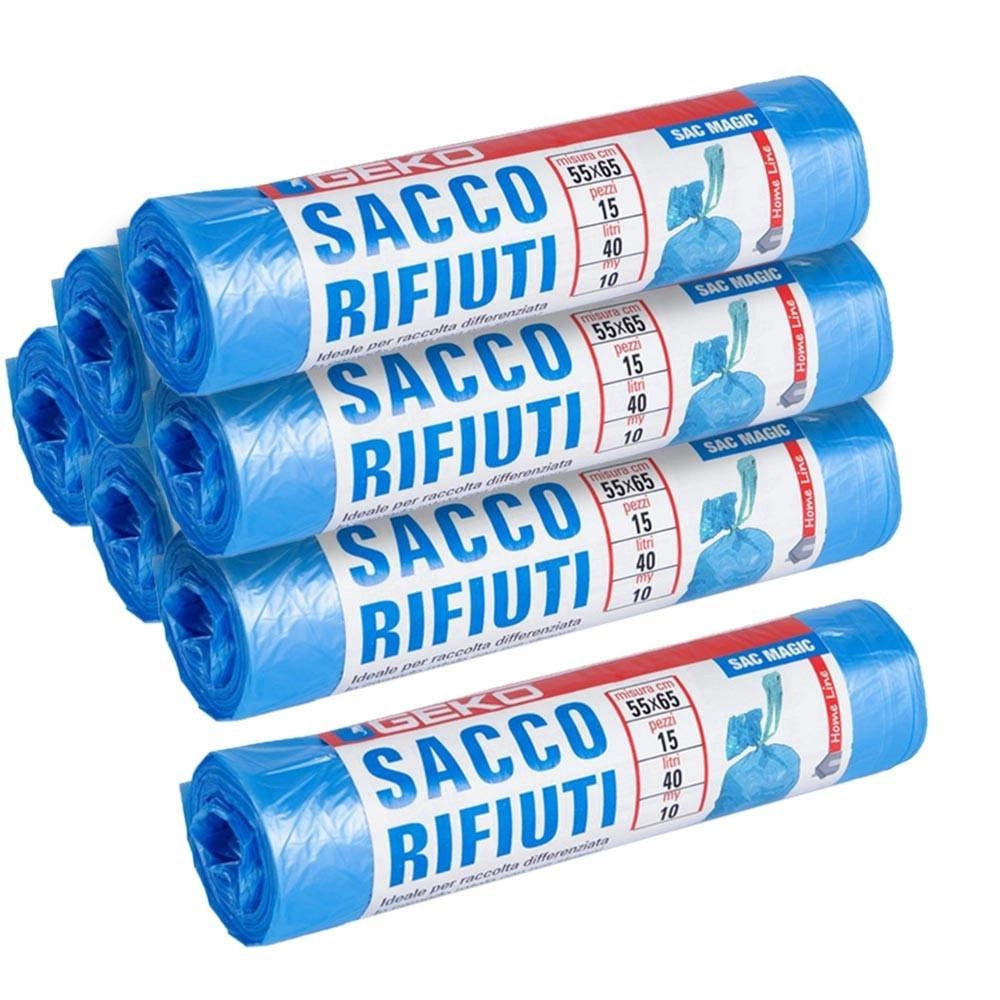 Trade Shop - 7x Rotoli Sacchetti Buste Spazzatura 40lt 55x65 Chiusura Laccetto Azzurro 105pz -