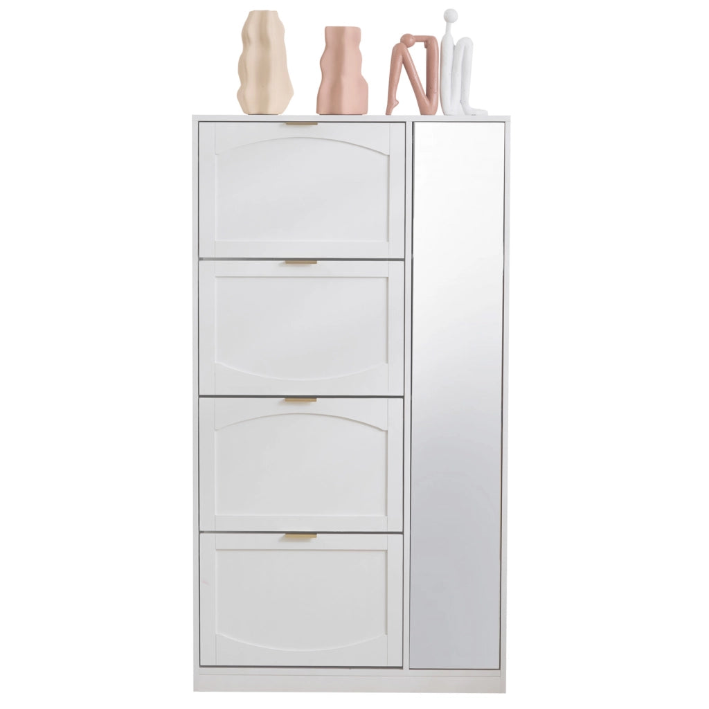Armadio per scarpe moderno con specchio - Zephmum - 4 scomparti pieghevoli, ripiano regolabile, ideale per l'ingresso, bianco, 80x147x24 cm