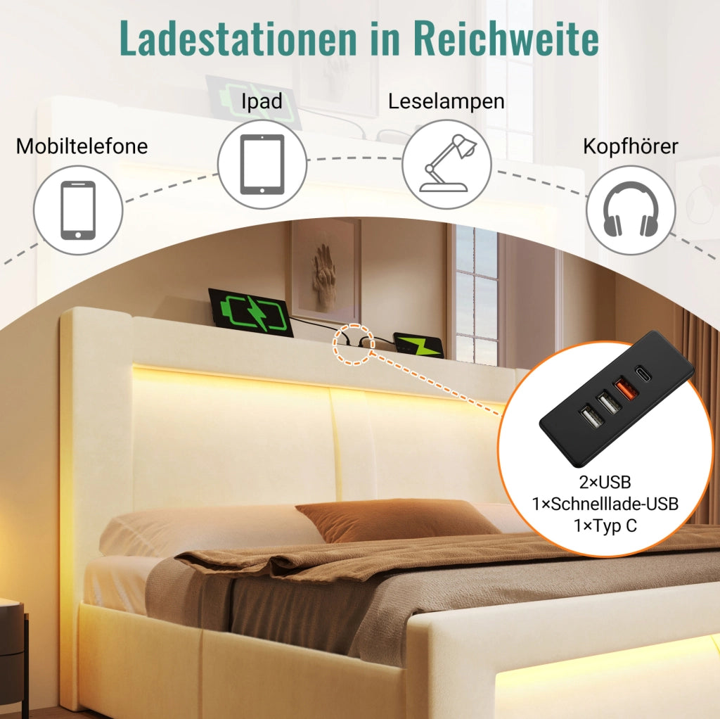 Letto matrimoniale 180x200 con contenitore LED e ricarica USB