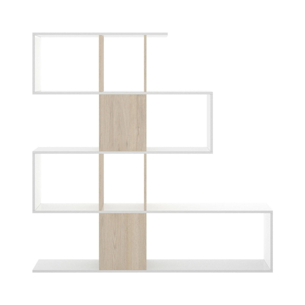 Libreria Ax, Scaffale da ufficio multiuso, Mobile biblioteca portalibri a 4 ripiani, 145x29h145 cm, Bianco e Rovere