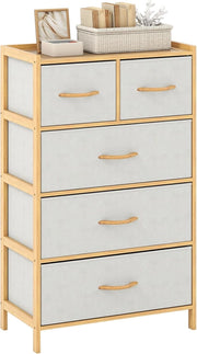 Cassettiera a 5 Cassetti, Torretta Contenitore in Bambù con 5 Cassetti Pieghevoli in Tessuto e Ripiano Superiore, Cassettiera Verticale Alta per Camera da Letto, Soggiorno, Naturale