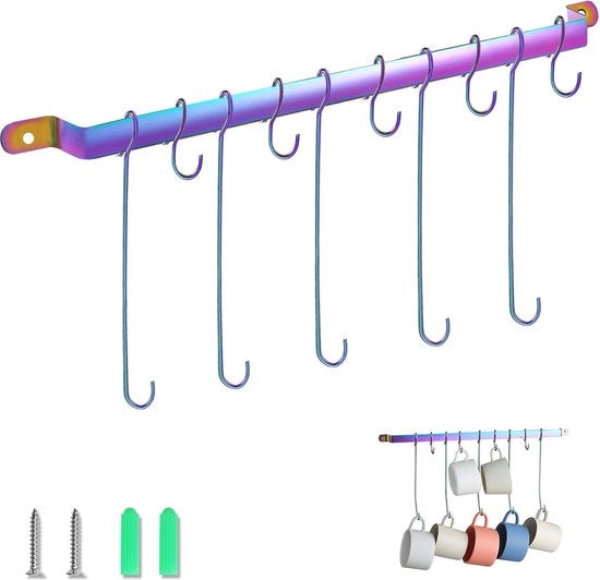 Sostegno per tazze, arcobaleno, rivestimento in titanio, contenitore per tazze, ripiano da parete, per cucina, sala da pranzo, fissaggio a parete, ferro da cucina con 5 ganci lunghi e 5 ganci corti.