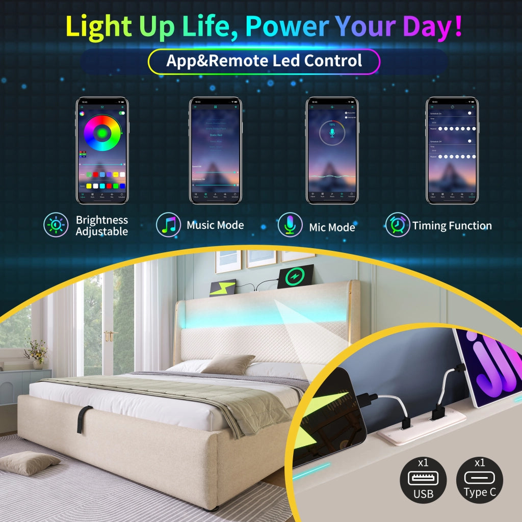 LETTO Contenitore idraulico 160x200 cm con LED e USB/Type-C in lino beige