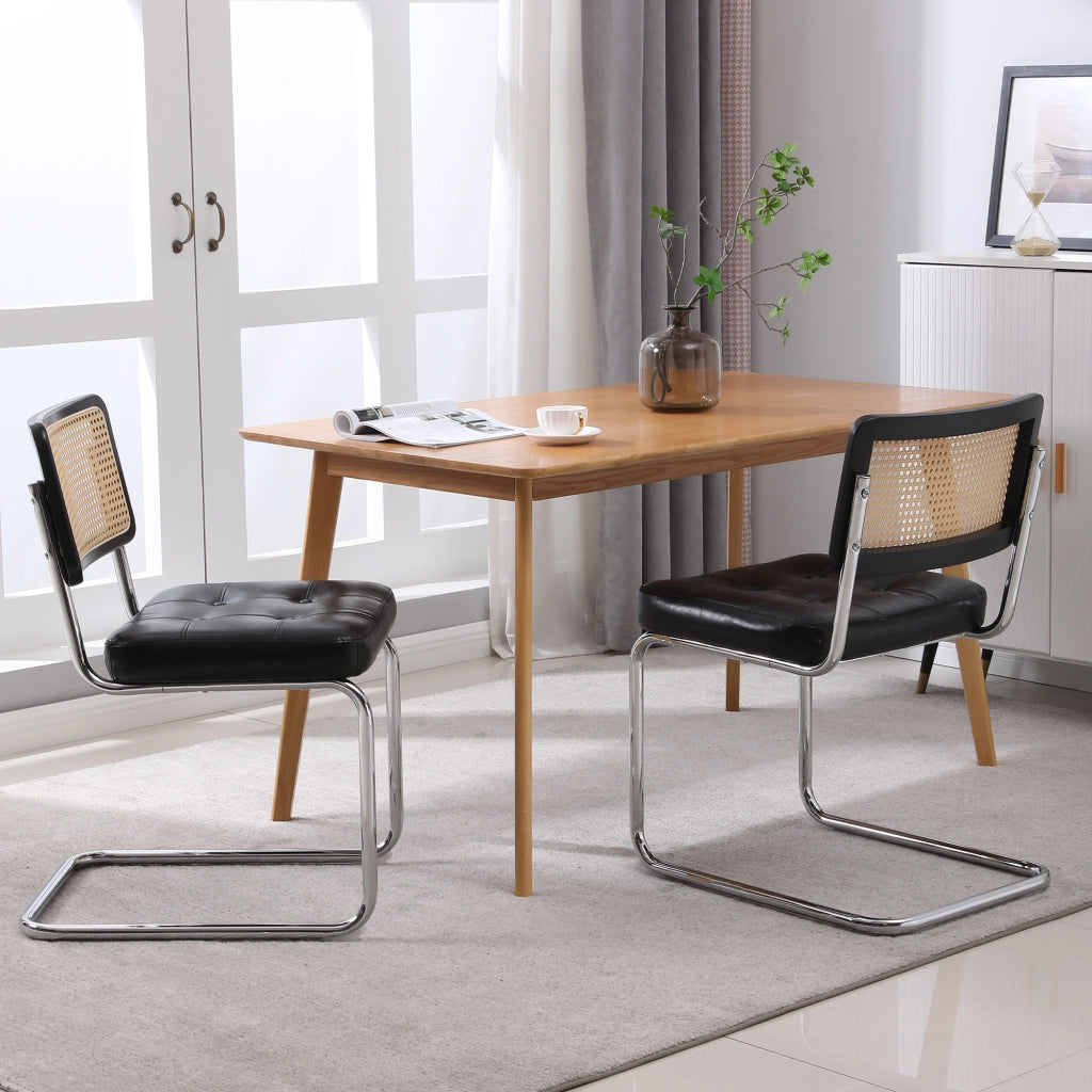 Sedie da Pranzo Set 2 Pezzi ¨C MINIMAL ¨C Rattan, Ecopelle, Schienale a Rete, Gambe in Metallo, Nero