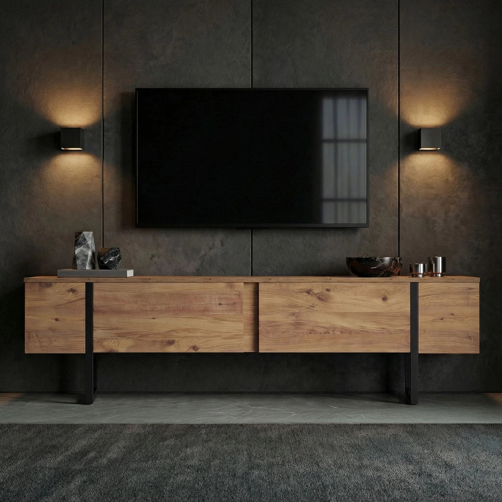 Porta TV in legno "Onera" - 180 x 30 x 50 cm - Pino Atlantico / Nero