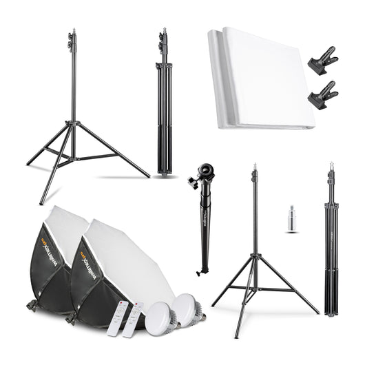 Walimex Pro set fotografico premium con 2x treppiede con 2x LED 45W Octagon Ø65cm Bi Colour e sistema completo di sfondo telescopico 120-307 cm con sfondo in tessuto bianco