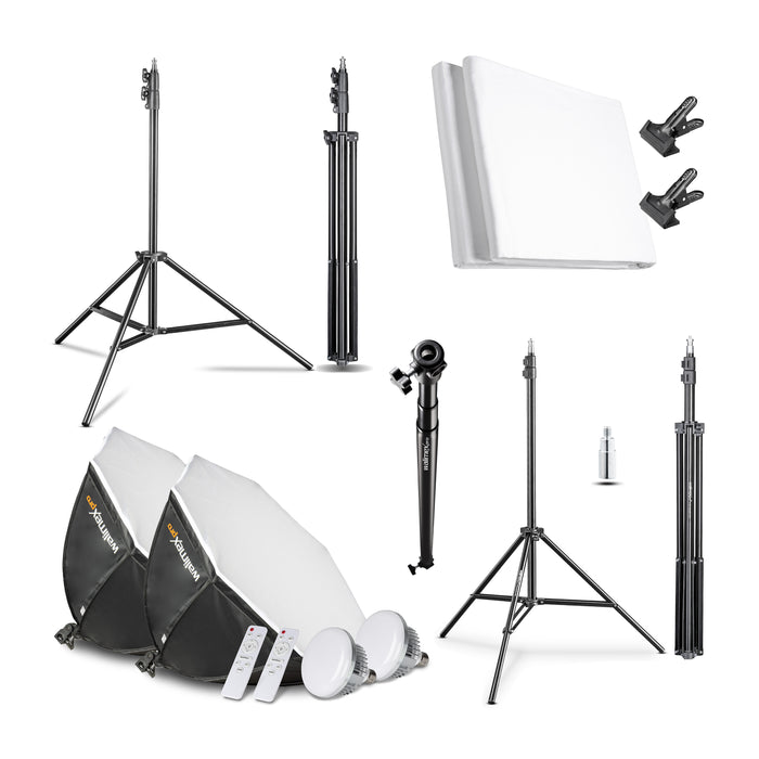 Walimex Pro set fotografico premium con 2x treppiede con 2x LED 45W Octagon Ø65cm Bi Colour e sistema completo di sfondo telescopico 120-307 cm con sfondo in tessuto bianco