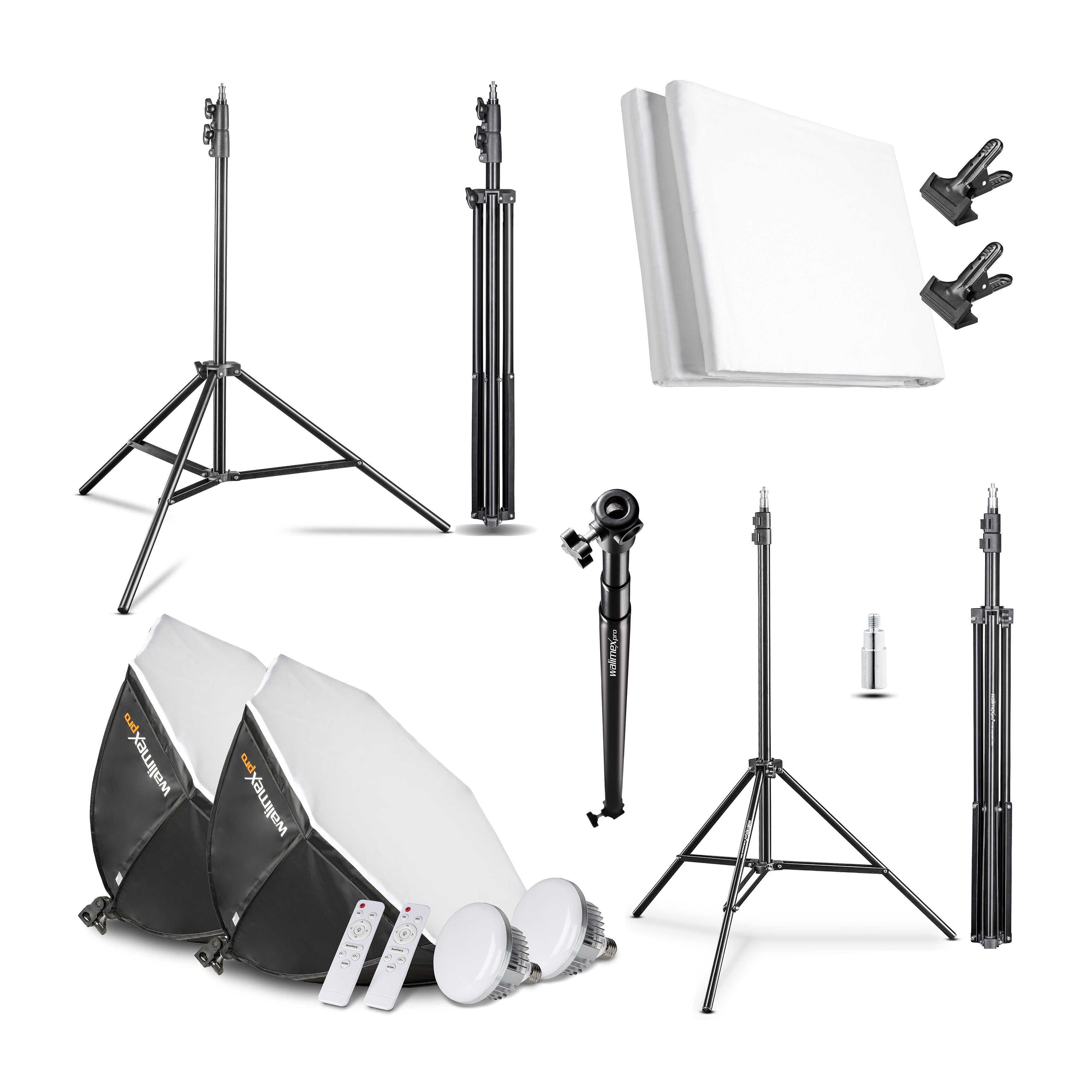 Walimex Pro set fotografico premium con 2x treppiede con 2x LED 45W Octagon Ø65cm Bi Colour e sistema completo di sfondo telescopico 120-307 cm con sfondo in tessuto bianco