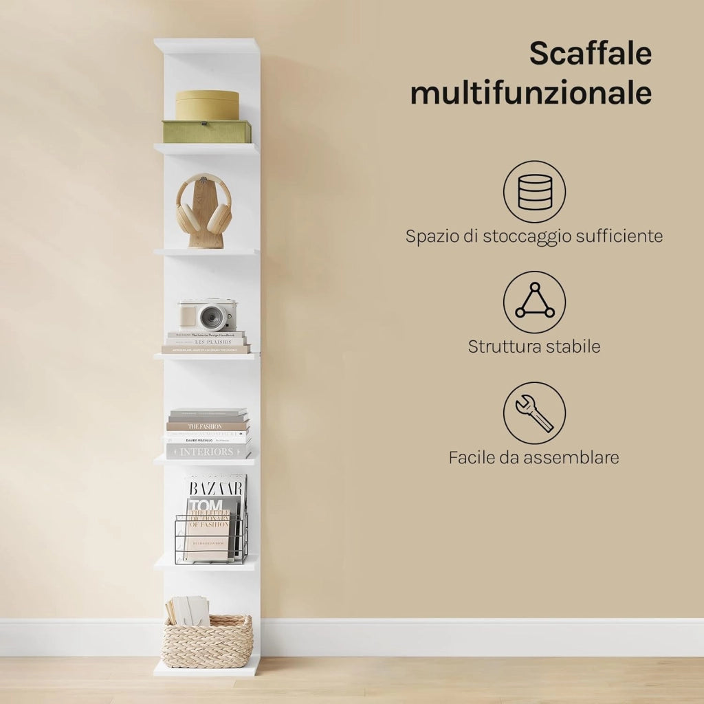 Scaffale Angolare Modulabile, Libreria a Muro 7 Livelli o 2 Scaffali Indipendenti da 4 Livelli, in Legno per Soggiorno, Camera da Letto, Cucina, Colore Bianco